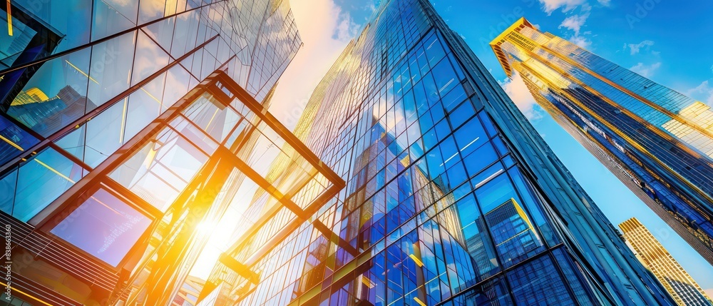 modern skyscrapers against the blue sky, with sunlight reflecting on glass facades and urban landscapes in the background modern skyscrapers against the blue sky, with sunlight reflecting on glass facades and urban landscapes in the background