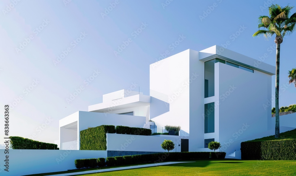 A spacious and luxurious white villa with a modern and minimalist architectural design A spacious and luxurious white villa with a modern and minimalist architectural design