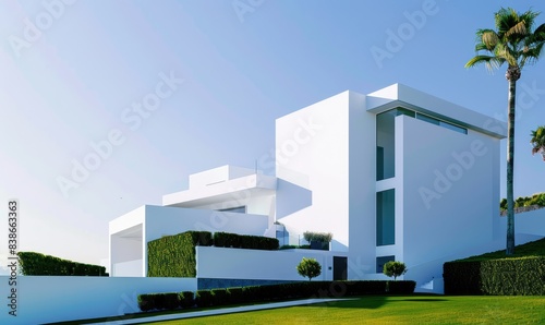A spacious and luxurious white villa with a modern and minimalist architectural design © piai