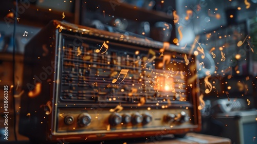 An artistic shot of music notes flowing out of an old radio in a nostalgic setting