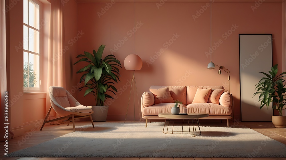 Minimal living room with peach-colored walls, featuring peach fuzz ...