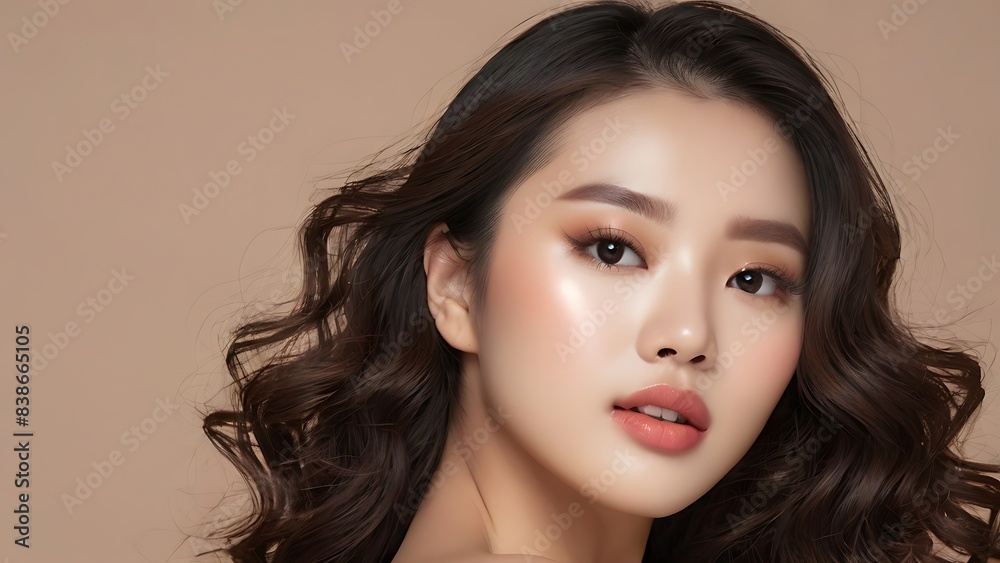 Fototapeta premium An elegant young Asian woman with long, curly hair and exquisite Korean-style makeup, highlighting her natural beauty and sophisticated fashion sense.
