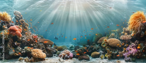 serene underwater environment where vibrant corals and fish coexist in perfect harmony photo