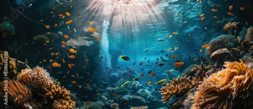 serene underwater environment where vibrant corals and fish coexist in perfect harmony photo
