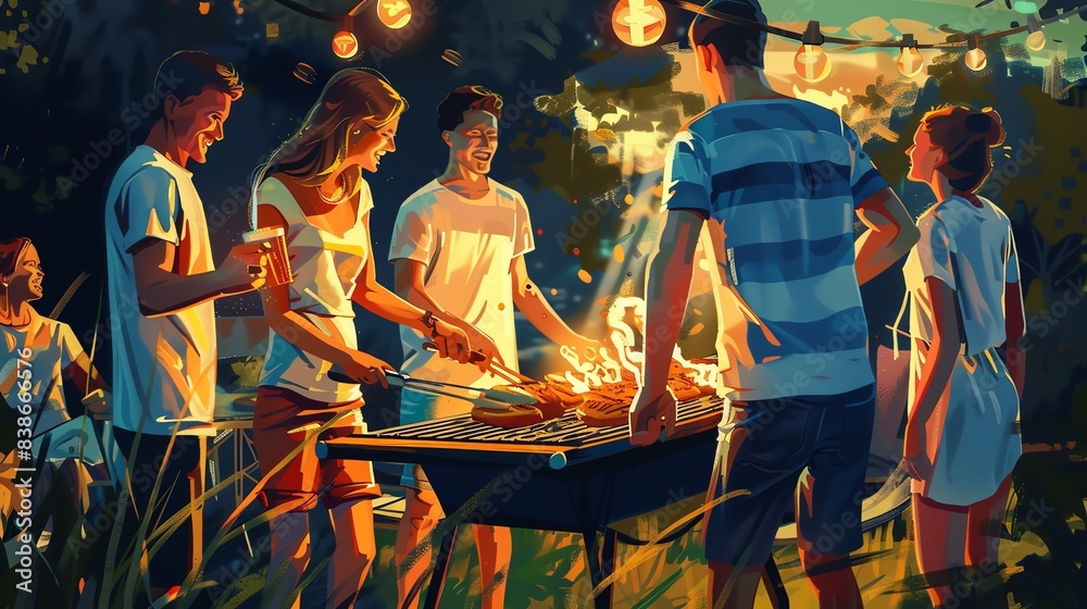 A group of friends enjoying a summer evening BBQ, illuminated by string lights, with lively conversations and delicious food. A group of friends enjoying a summer evening BBQ, illuminated by string lights, with lively conversations and delicious food.