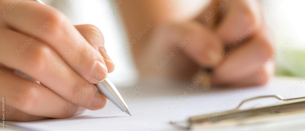 hand writing on paper with a pen, contract sign, write a letter