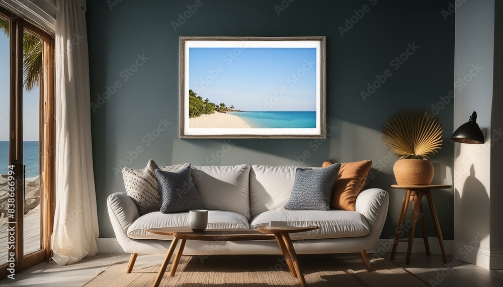 modern frame hanging on a wall, in a well lit coastal living room, frame is empty mock up modern frame hanging on a wall, in a well lit coastal living room, frame is empty mock up