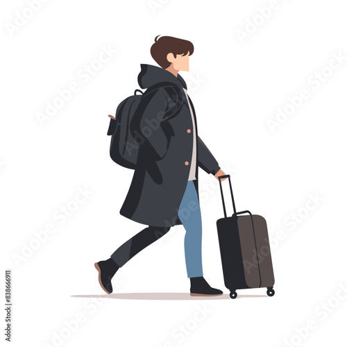 A young man is pulling his suitcase, wearing black coat and blue jeans，white background ， flat illustration , simple style