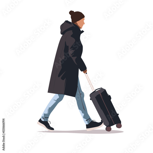 A young man is walking with his luggage, wearing black coat and blue jeans，cartoon style character design, simple flat illustration