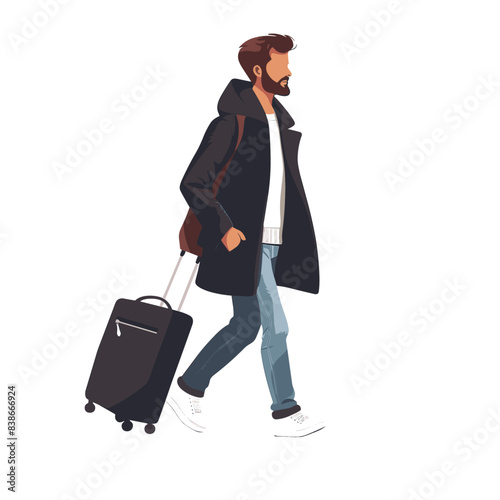 A young man wearing black coat, blue jeans and white shoes is pulling suitcase on the way to travel , flat design with simple lines , vector illustration style