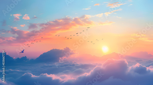 Year 2021 date number, high in blue sky with the sunrise and birds flight. New year Greeting card., Generative AI photo