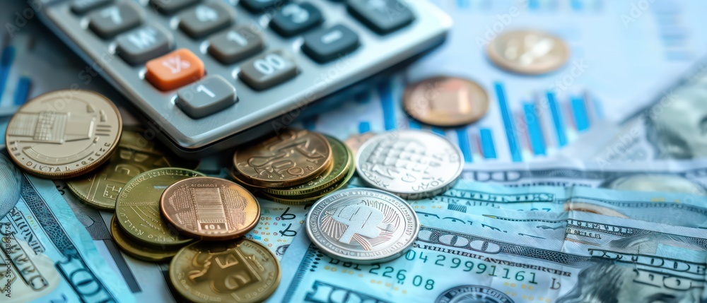 financial charts and coins on a blue background with a calculator financial charts and coins on a blue background with a calculator
