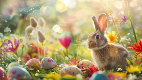 Rabbit with Fantasy colorful easter eggs in garden morning time Background Easter Festival concept © Manzoor