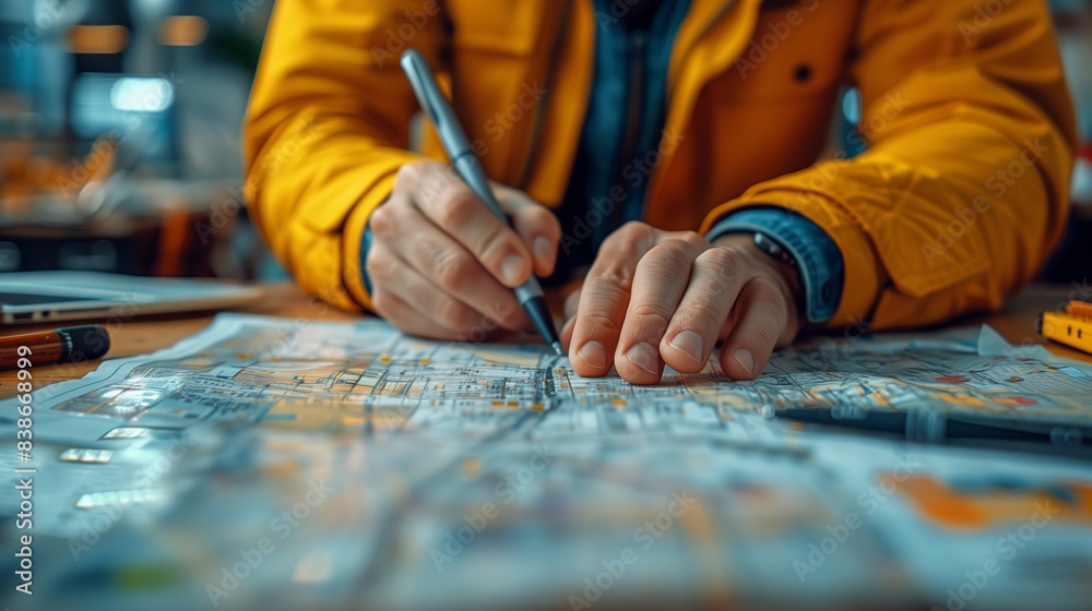 Professional working on urban planning. Close-up of a professional's hands working on an urban planning map, showcasing attention to detail and precision in the planning process. Professional working on urban planning. Close-up of a professional's hands working on an urban planning map, showcasing attention to detail and precision in the planning process.