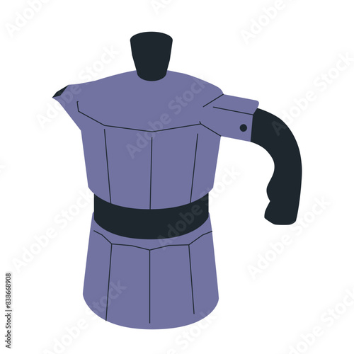 Moka pot, classic metal coffee maker. Stovetop espresso brewing appliance, aluminum kettle.