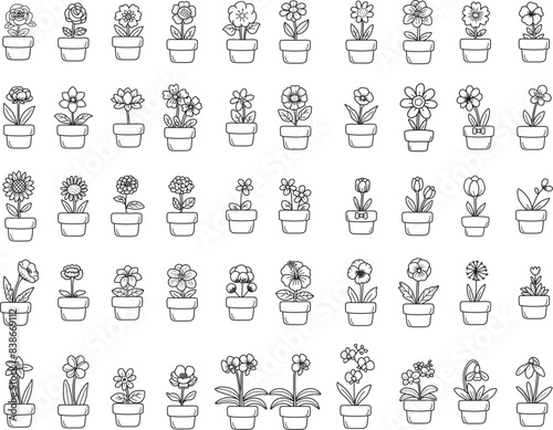 Flower in pot flat icon set outline outline icon, Potted plant icon with flower leaves.vector illutration