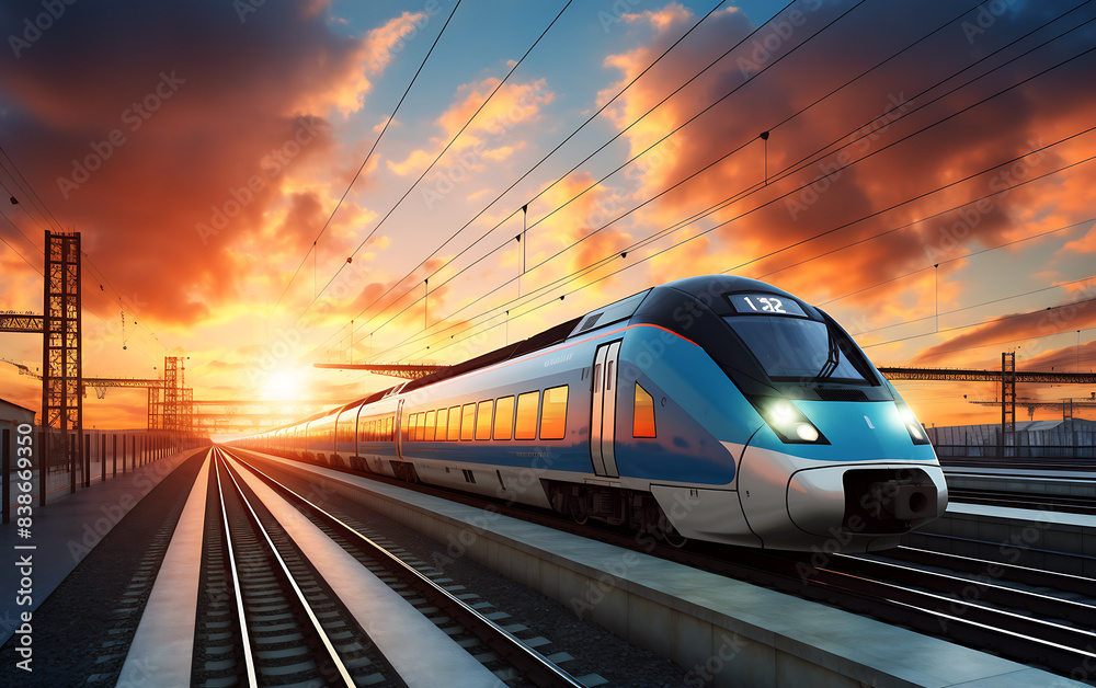 Naklejka premium Modern high-speed train on the railway at sunset. 3D rendering