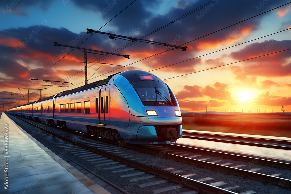 Modern high-speed train on the railway at sunset. 3D rendering Modern high-speed train on the railway at sunset. 3D rendering