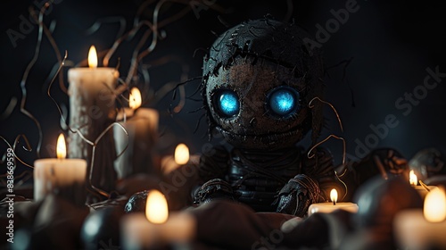 A dark atmosphere envelops a voodoo doll characterized by striking blue eyes and an array of details suggestive of mystical practices. Surrounded by burning candles with tendrils of wax photo