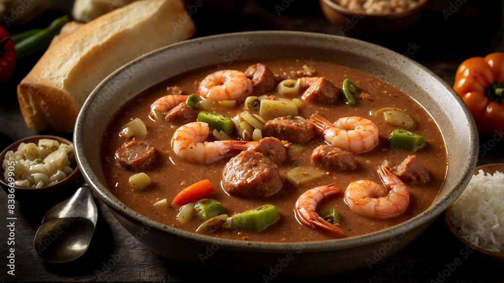 Gumbo rich, flavorful stew from Louisiana, often made with seafood, sausage, and served over rice