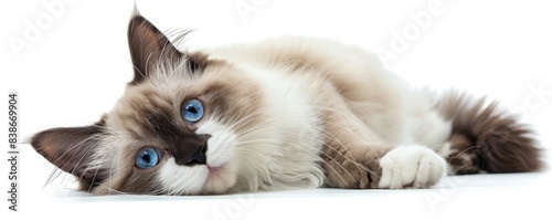 Adorable ragdoll cat with blue eyes lying down and looking at the camera on a white background. Perfect for pet-related content. photo