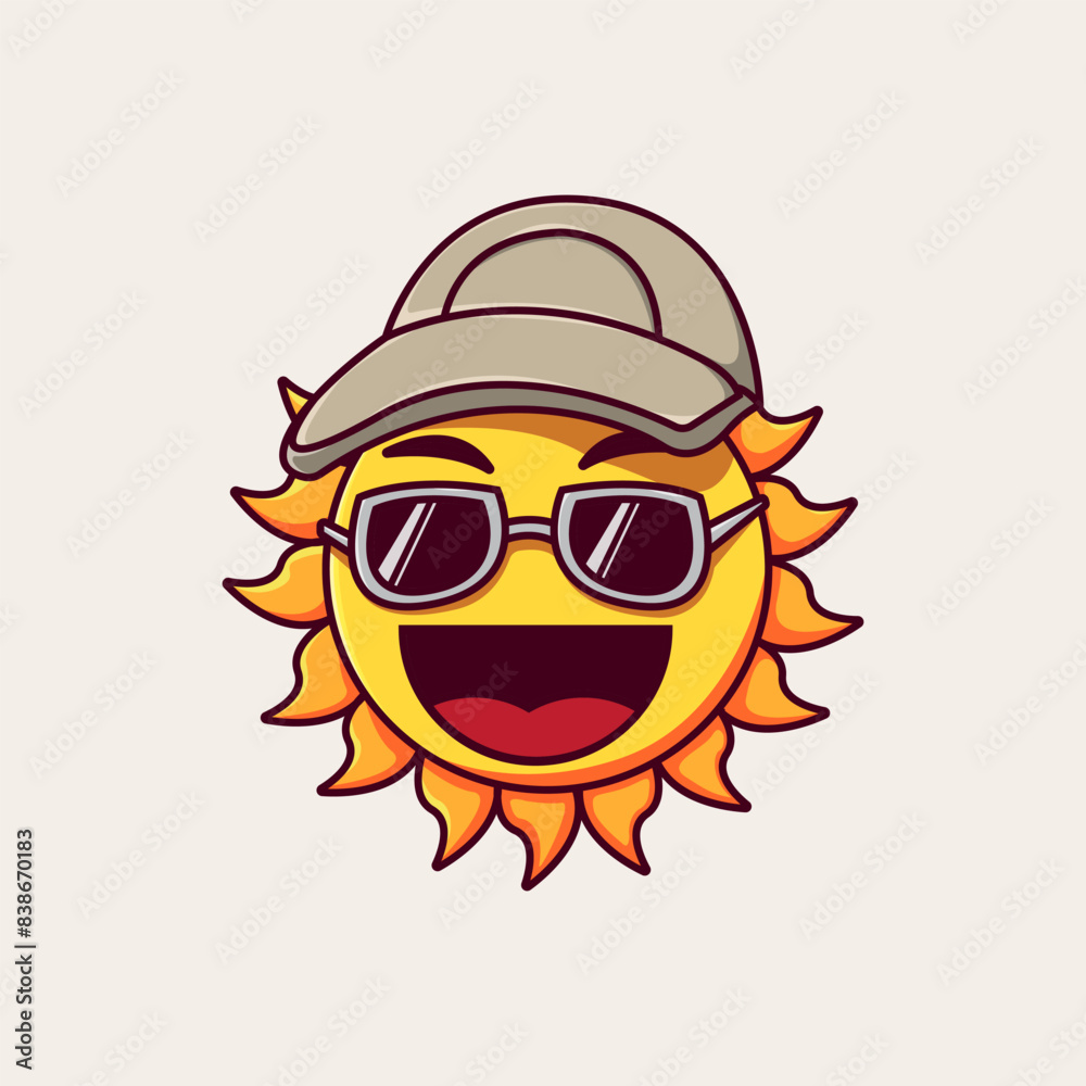 the sun is wearing a hat with glasses and has a happy expression. cartoon mascot, character vector illustration. the sun is wearing a hat with glasses and has a happy expression. cartoon mascot, character vector illustration.