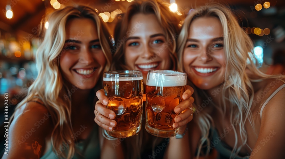 Three Friends Toasting with Beer. Three young women smiling and toasting with beer mugs, enjoying a fun night out at a lively bar. Three Friends Toasting with Beer. Three young women smiling and toasting with beer mugs, enjoying a fun night out at a lively bar.