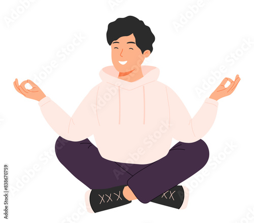 Man doing yoga flat vector illustration. Young boy practice breathing techniques in lotus pose cartoon character.