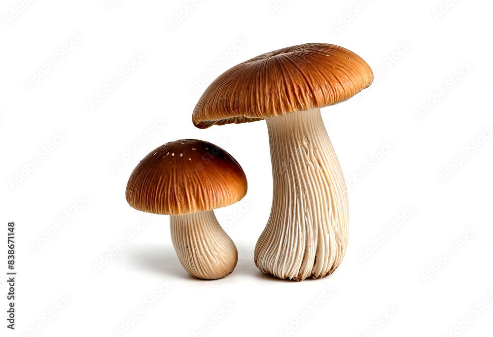 Two mushrooms with white stems on a white background Two mushrooms with white stems on a white background