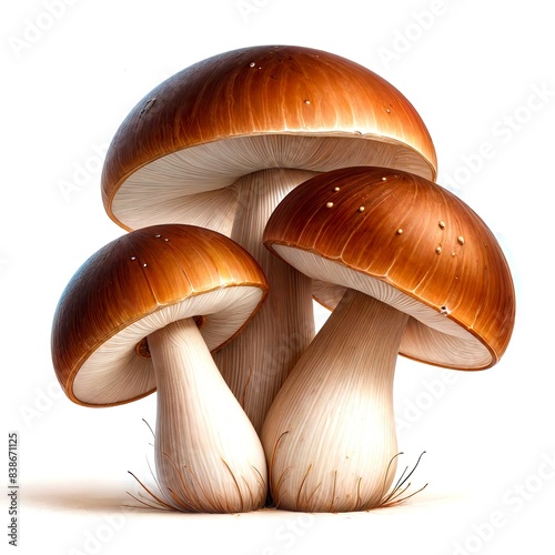 Two mushrooms with white stems on a white background