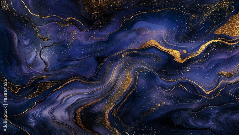 A closeup of an abstract background with swirling patterns in dark blue, purple and gold colors, reminiscent of marble or watercolor painting A closeup of an abstract background with swirling patterns in dark blue, purple and gold colors, reminiscent of marble or watercolor painting