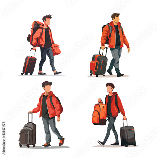 A young man is carrying luggage in a flat illustration style with simple shapes and lines