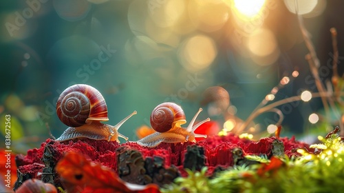 A small snail climbed a vertical twig in the forest and looks out of the way, is illuminated by the sun's rays, copy space for text photo