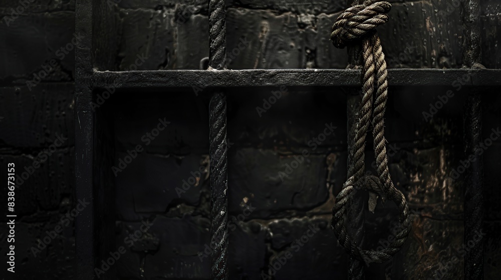 Old prison bars cell lock background dark black and light with rope ...