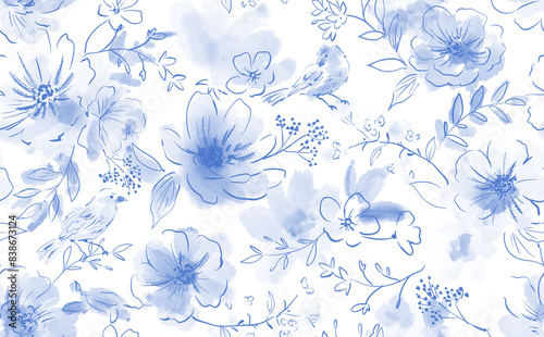 Fototapeta Naklejka Na Ścianę i Meble -  Watercolor style seamless pattern of line drawn flowers and birds, watercolor botanical and bird pattern