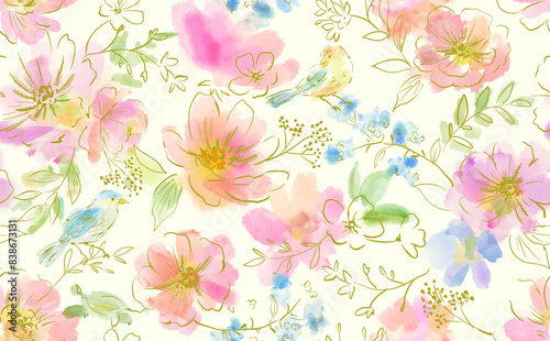 Fototapeta Naklejka Na Ścianę i Meble -  Watercolor style seamless pattern of line drawn flowers and birds, watercolor botanical and bird pattern