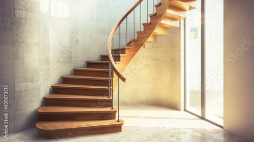 Modern minimalist interior with a spiral staircase  spotlighting at the base for illumination.