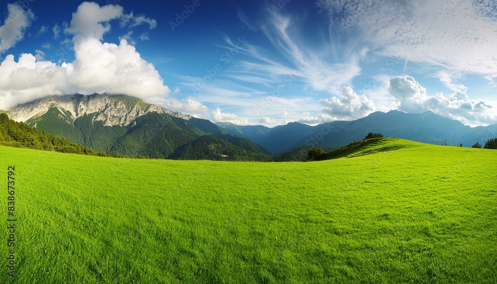 Fototapeta premium Panoramic natural landscape with green grass field, blue sky with clouds and mountains in background.