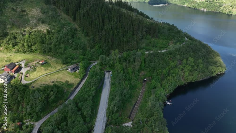 E16 Road and Railway to city of Bergen Norway, aerial seen Between Risnes and Romslo