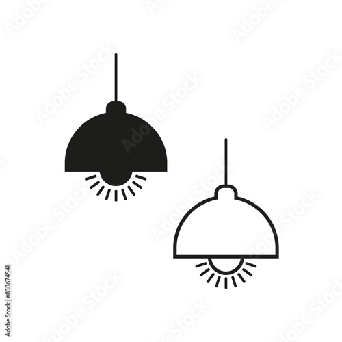 Hanging pendant lamps with light rays vector. Black and white ceiling lights illustration. Vector icons of interior lighting.