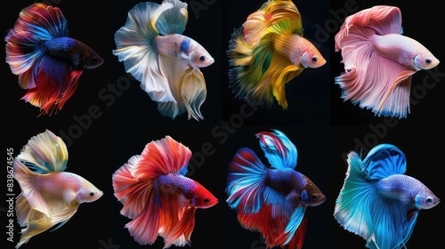Set of beautiful eight betta fish, Collection in varies movement of multi color Siamese fighting fish, Cupang AI generated photo