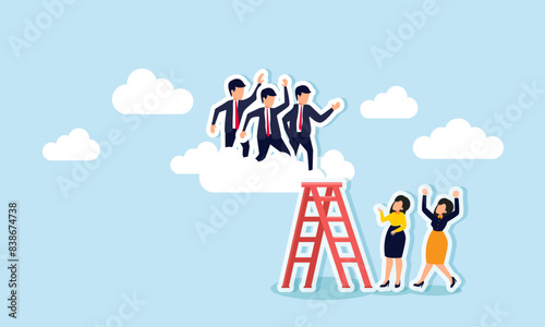 Gender gap male dominated executive board, unequal management positions, concept of Businessmen climb ladder to clouds, leaving no space for female colleagues