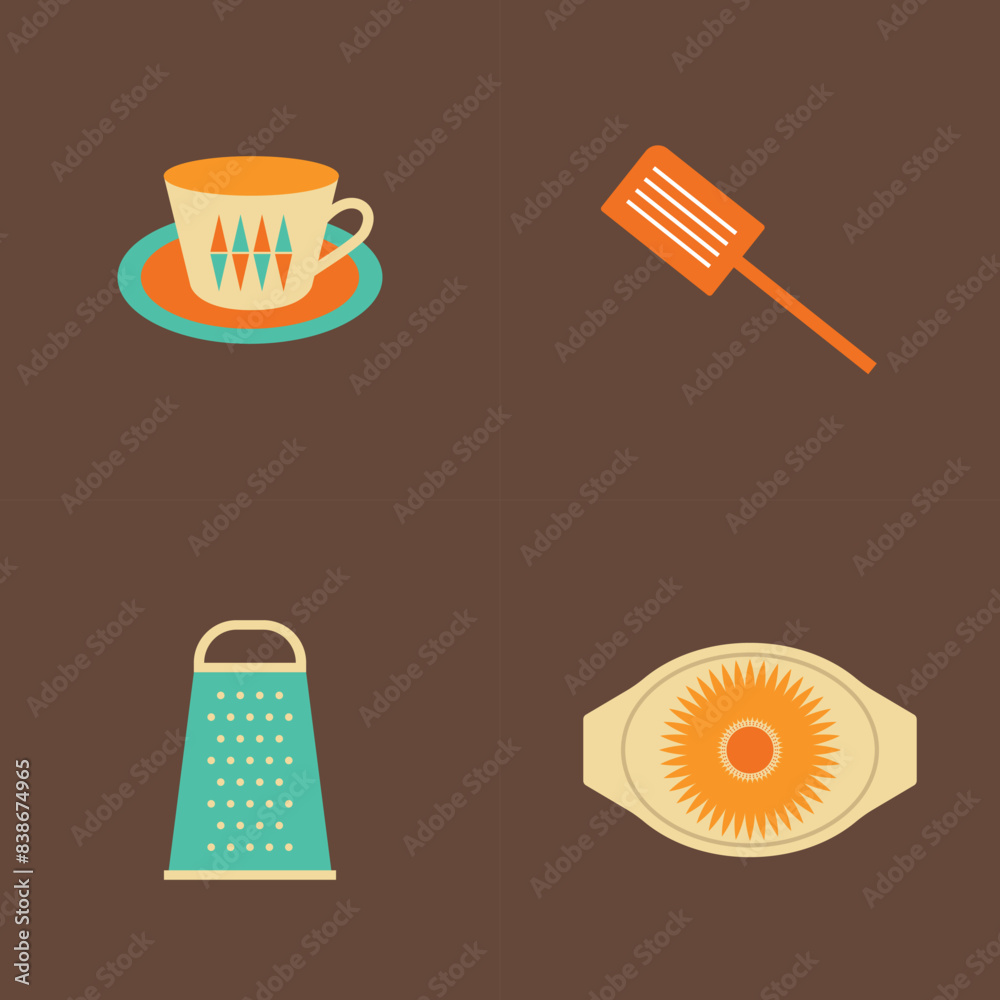 50s Mid Century Modern Shapes, Elements, Logos, Signs, Fifties, tea cup, spatula, grater, and kitchen casserole for oven, icon set, MCM 50s Mid Century Modern Shapes, Elements, Logos, Signs, Fifties, tea cup, spatula, grater, and kitchen casserole for oven, icon set, MCM