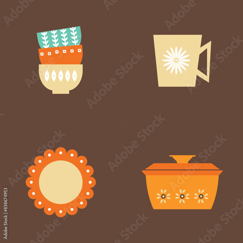 50s Mid Century Modern Shapes, Elements, Logos, Signs, Fifties, stacked bowls, tea or coffee cup, casserole for kitchen and place, icon set, MCM