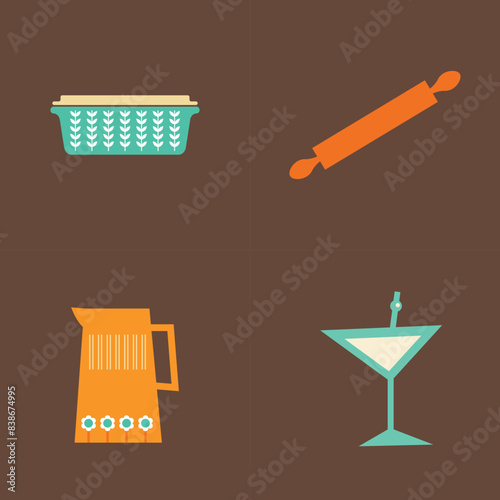 50s Mid Century Modern Shapes, Elements, Logos, Signs, Fifties, Casserole, Cocktail Glass, Rolling Pin and Water Jug, icon set, MCM