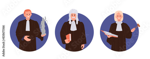 Judicial worker legal government cartoon character professional occupation round composition set