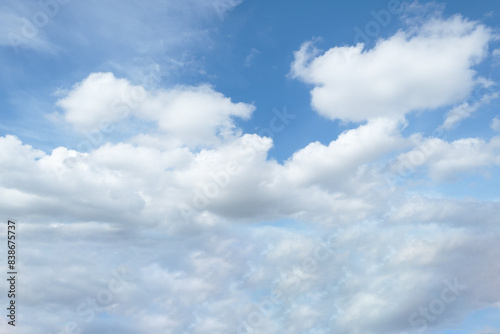 Cloudy blue sky with white cloud in daytime, space for text on background, horizon skyline view.