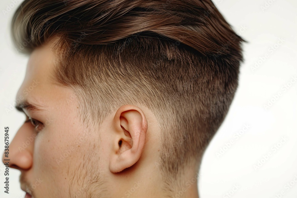 Close up view on low fade hairstyle, isolated on white Close up view on low fade hairstyle, isolated on white