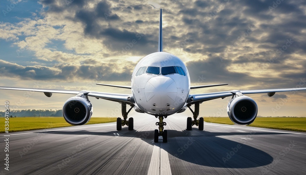 Ready for departure, Airplane prepares for takeoff on airport runway, front view, horizontal wallpaper. Ready for departure, Airplane prepares for takeoff on airport runway, front view, horizontal wallpaper.