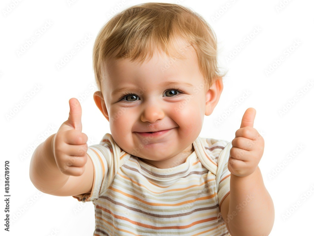 Smiling Baby Giving Thumbs Up Isolated on White Background. Cheerful Infant with Positive Gesture Captured in Photorealistic Style. Smiling Baby Giving Thumbs Up Isolated on White Background. Cheerful Infant with Positive Gesture Captured in Photorealistic Style.